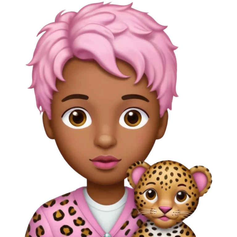 brown-skin boy with baby pink blush and glossy lips and leopard print hair ￼ emoji