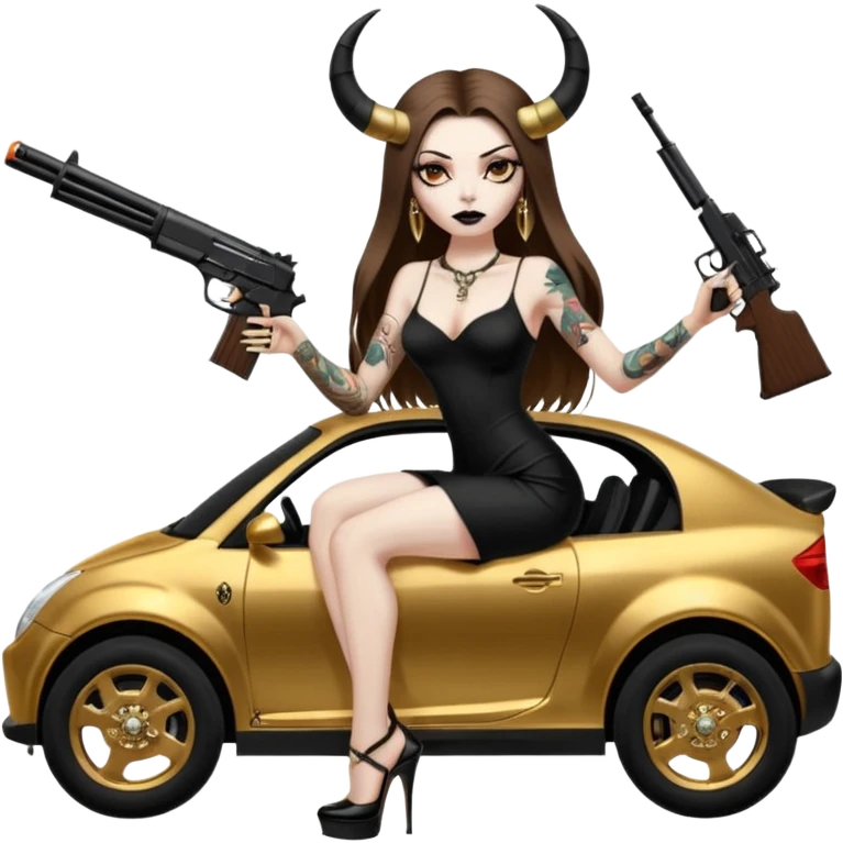 Sensual woman long brown straight haired sexy drug lord woman with tattoos on arm sleeves and black thick butt platform high heels on her feet, and devil black horns on her head, she is holding a skull head and a gun. Sitting on gold car full of gold , long black dress with sexy slit emoji