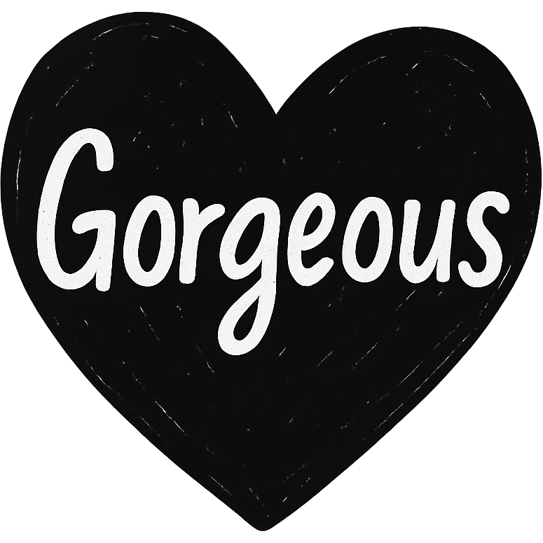 the word 'Gorgeous' in bold white marker handwriting on a black heart, hand-drawn style, high contrast emoji