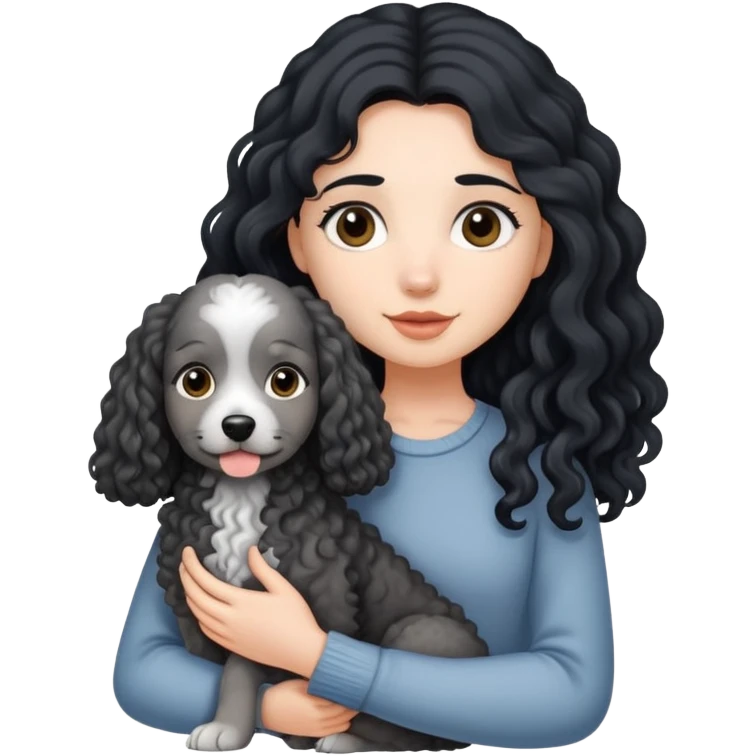 A girl with long black hair holding a gray curly dog emoji