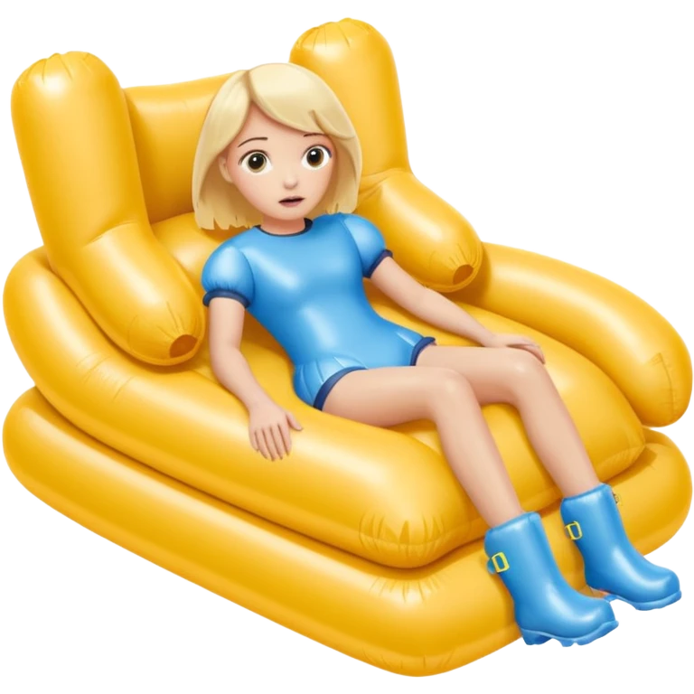 chica rubia con cara de miedo con unas botas de presoterapia gigantes inflables tirada en una cama amarilla emoji