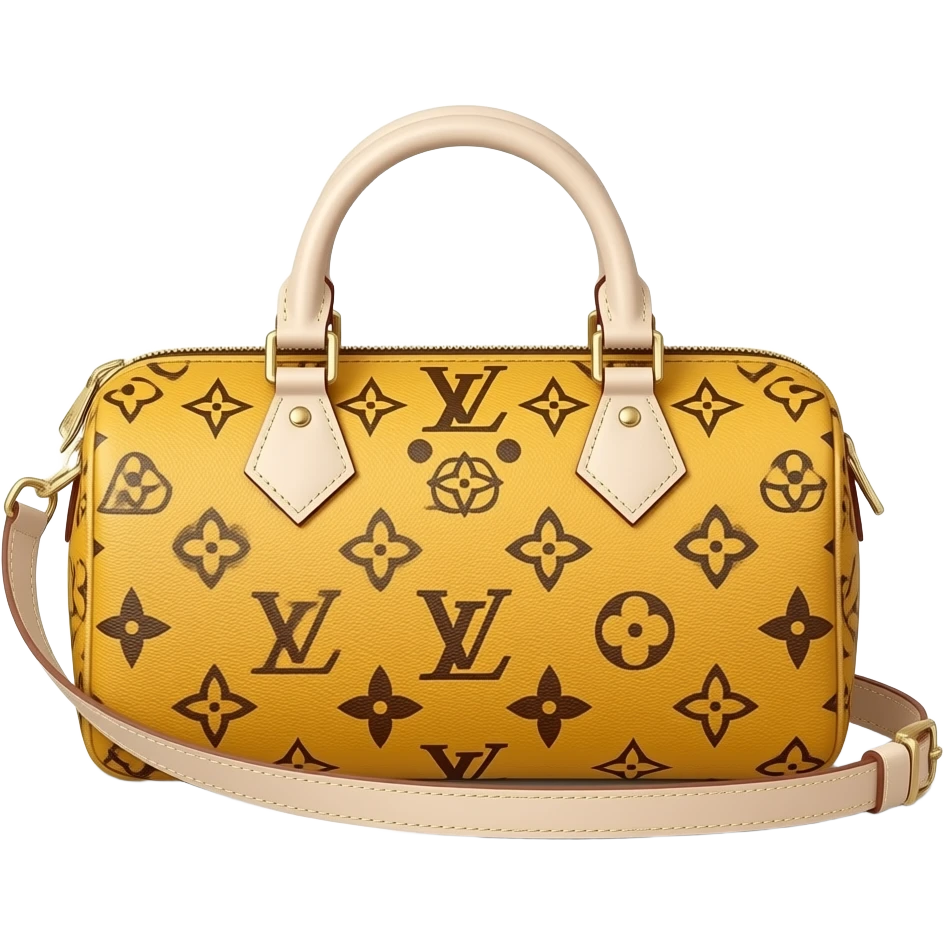 A slender and elongated cylindrical shoulder bag, featuring a vibrant yellow body adorned with brown Yayoi Kusama-style polka dots and an interlocking LV logo pattern. It includes two light beige leather top handles, gold-tone hardware, and a top zipper closure emoji