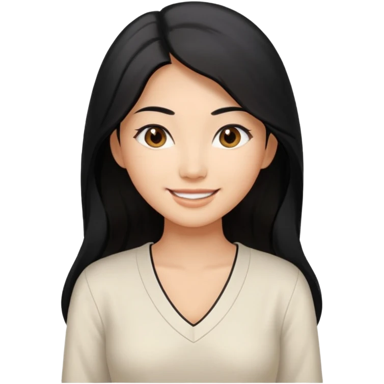 medium tan asian woman with long black hair past middle of back, round brwn eyes, white v neck blouse smiling. emoji