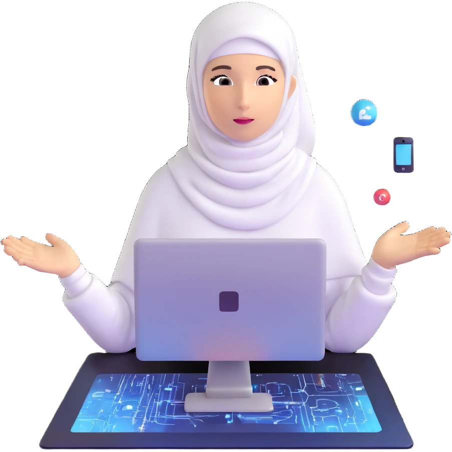computer engineer with white hijab immersed in augmented reality, surrounded by floating metaverse elements, digital codes, virtual machines, tech graphics emoji