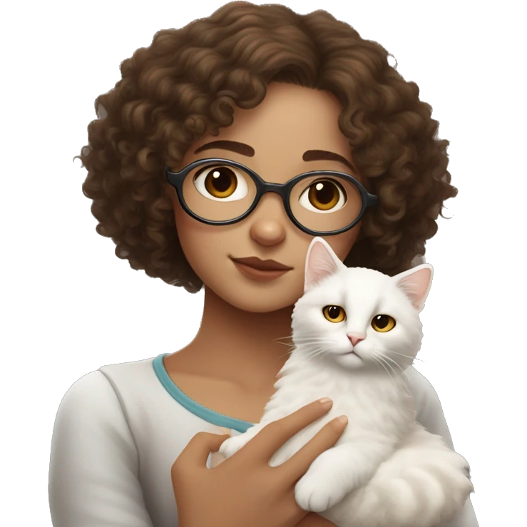 curly haired light brunette with freckles girl holding a white cat in hands. the cat is sleeping. the girl uses white round glasses like harry potter emoji