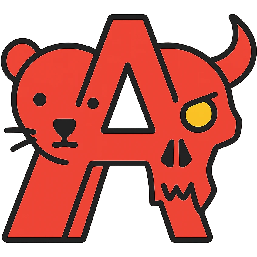 a minimalist design with the left half showing simplified stoat face outlines and right half showing simplified minotaur skull with broken horn and glowing eye, with a clear negative space in the shape of the letter A in the middle where the halves meet, everything visible is red, with ample empty space emoji