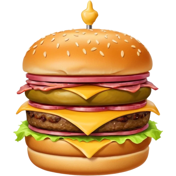 Burger in potato bun (NO SESAME) with these ingredients: Swiss cheese, pastrami, fried pickles, sauerkraut and burger sauce  emoji