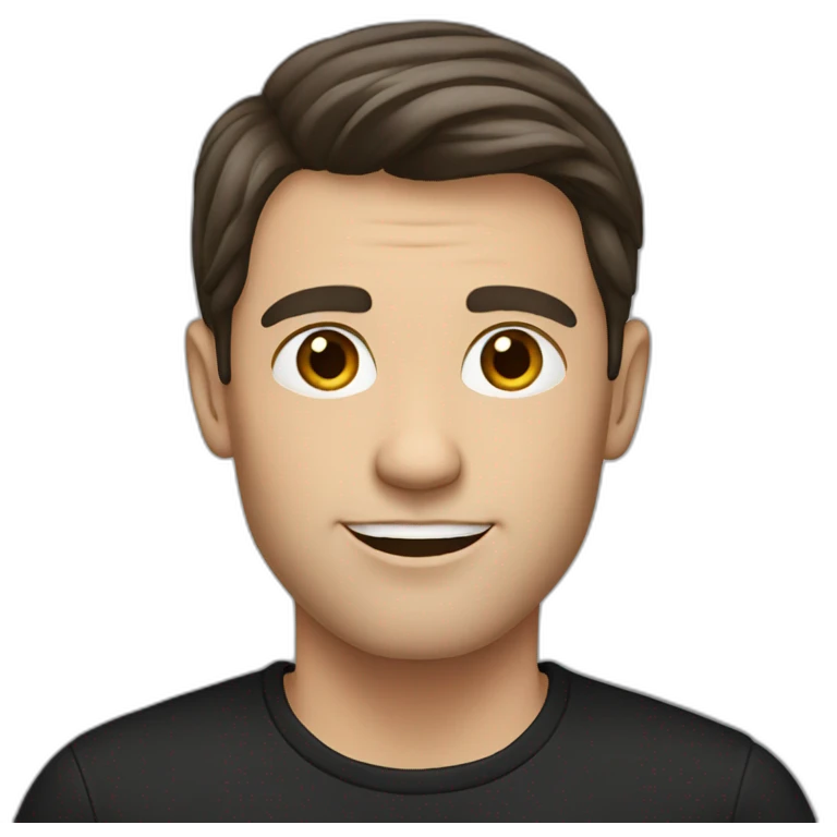 a shaved white man with long dark brown hair, with a black t-shirt emoji