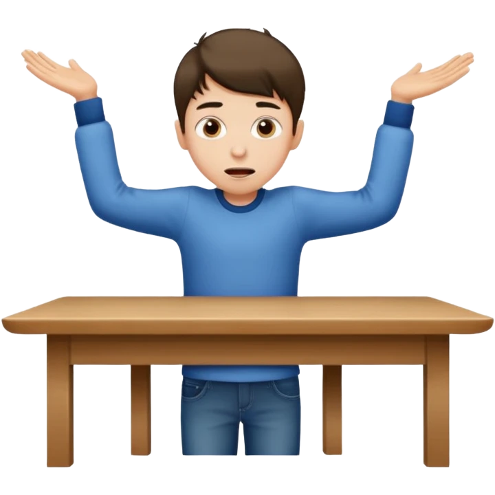 niño parado encima de una mesa con cara de loco emoji