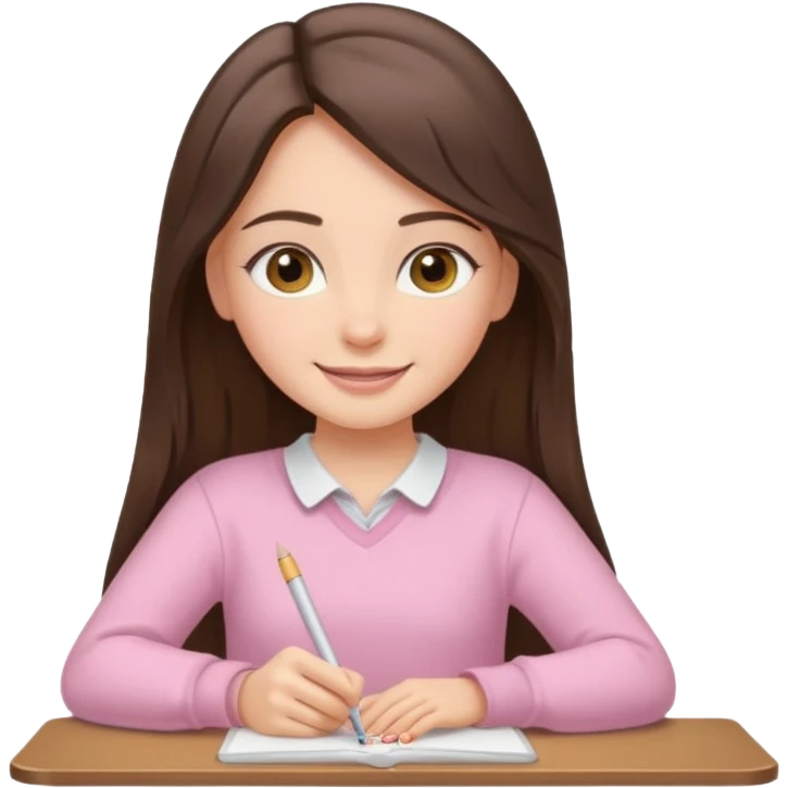 smiling long brunette hair girl hazel eyes wearing light pink clothes writing emoji