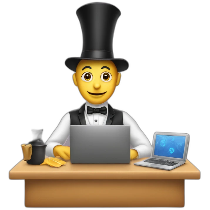 magician programming a laptop with an emoji of an idling truck on the screen emoji