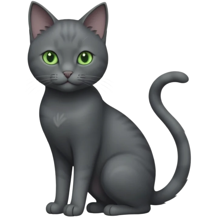 full body view of beautiful female solid dark grey cat with green eyes, grey face, white toes/paws and small white patch on her chest emoji