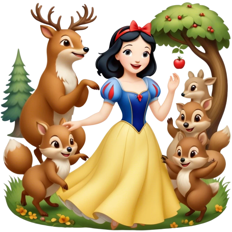 Cinematic Playful Snow White Portrait Emoji, Laughing while dancing with woodland animals, dress twirling gracefully, a whimsical sparkle in her eye, radiating charm and pure delight! emoji