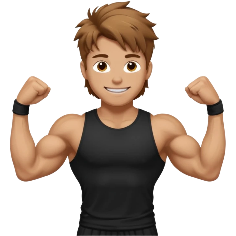 Gym rat with light brown hair and black t shirt, and messy hair. And muscular ,and happy a little emoji