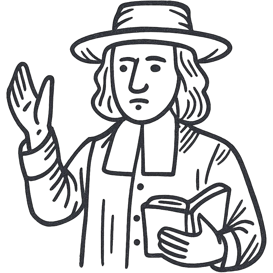 white line drawing of a 17th Century preacher, historical attire, simple and clear lines, no fill, realistic proportions and facial features, less cartoony emoji