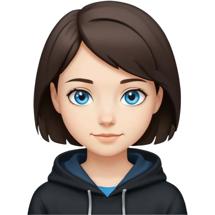 brunette short hair girl with blue eyes and black hoodie. i want her to be smirking emoji