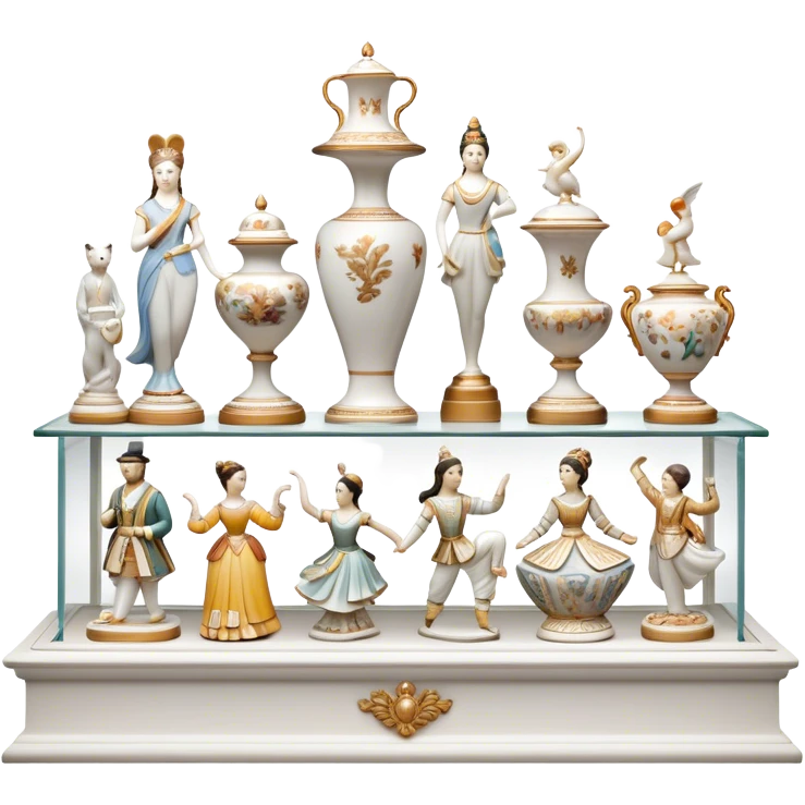 Icon for Porcelain Figurine Collecting: a collection of delicate porcelain figurines, such as animals, dancers, and historical characters, displayed on a shelf or in a display case. The icon should convey the elegance and artistry of collecting porcelain statues. Transparent background. emoji