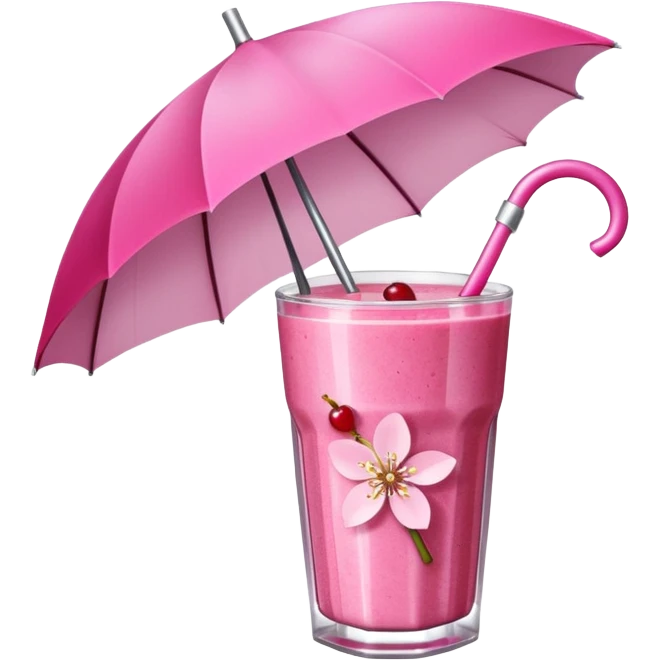 Hot pink smoothie with glitter, cherry blossom, and straw with umbrella emoji