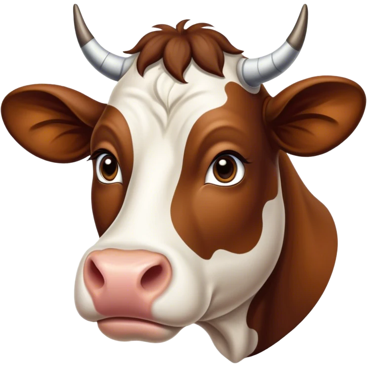 Cinematic Noble Brown and White Cow Portrait Emoji, Poised and regal, with a large, sturdy build and a beautifully patterned hide of rich brown accented by crisp white patches, deep-set soulful brown eyes, Simplified yet sharp and sophisticated features, highly detailed, glowing with a soft, dignified glow, high shine, intelligent and calm, stylized with an air of pastoral majesty, focused and attentive, soft glowing outline, capturing the essence of a watchful and confident bovine guardian, so majestic it feels as though it could amble out of the screen with effortless authority! emoji