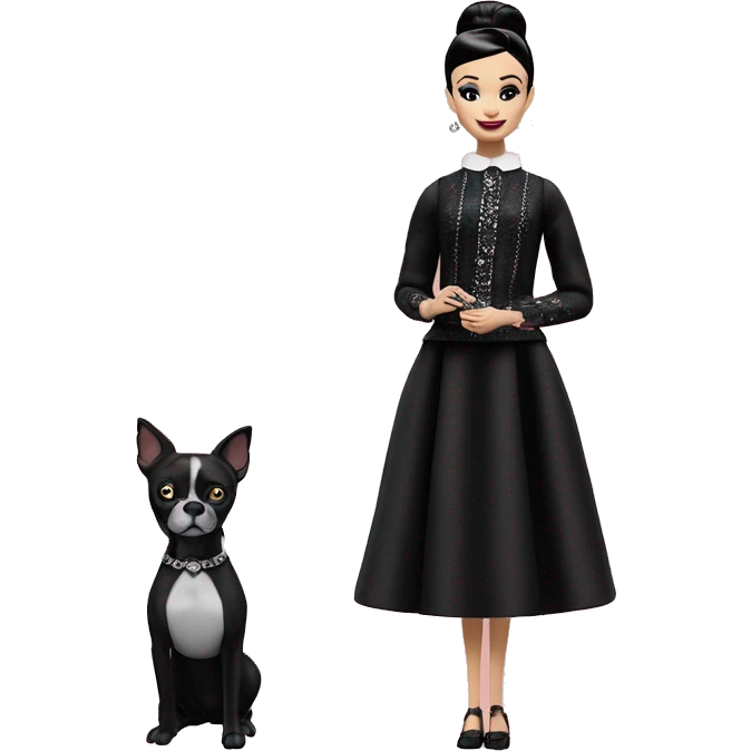 Audrey Hepburn as Sabrina Barbie. Wednesday Addams. Show full body. Embroidered long gown with accessories  emoji