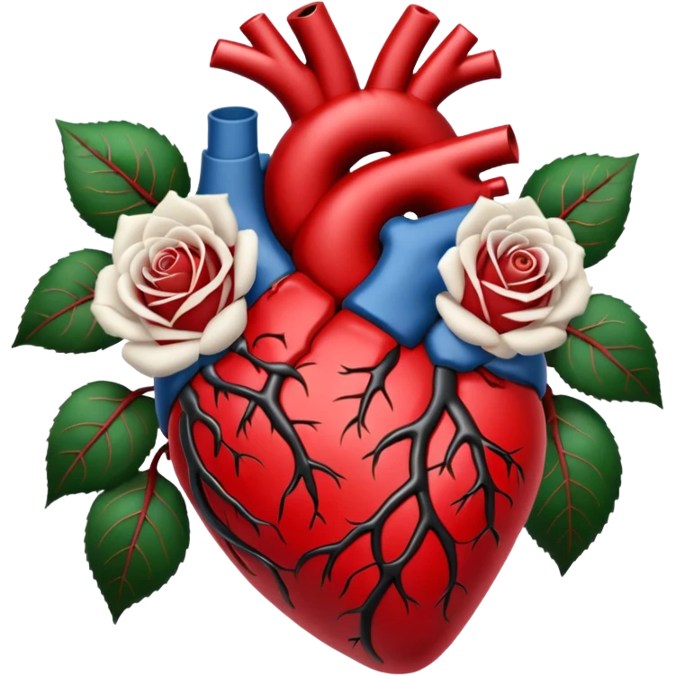 Anatomical heart  black and crimson veins and white roses emoji