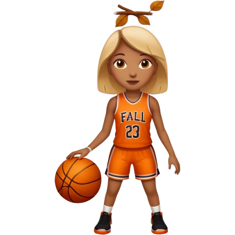 apple style emoji of a basketball girl player with autumn leaves, representing 'Fall Fadeaway' for October emoji