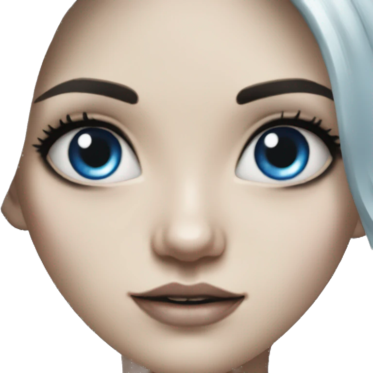 Hyperrealistic Pale girl with blue eyes and black hair arm tattoos emoji