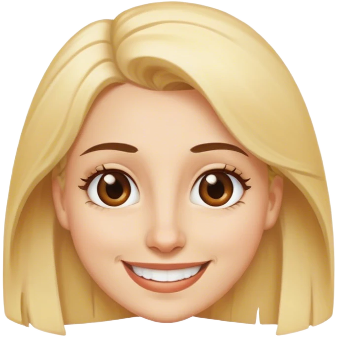 smiling blonde woman with brown eyes and wide noe emoji