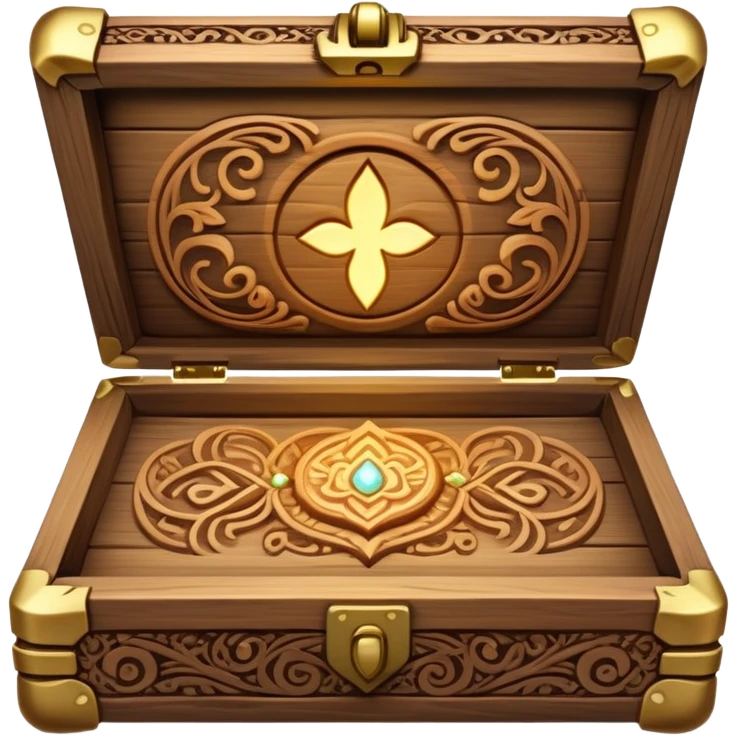 magical wooden box with intricate carvings, glowing softly, holding necklaces inside emoji