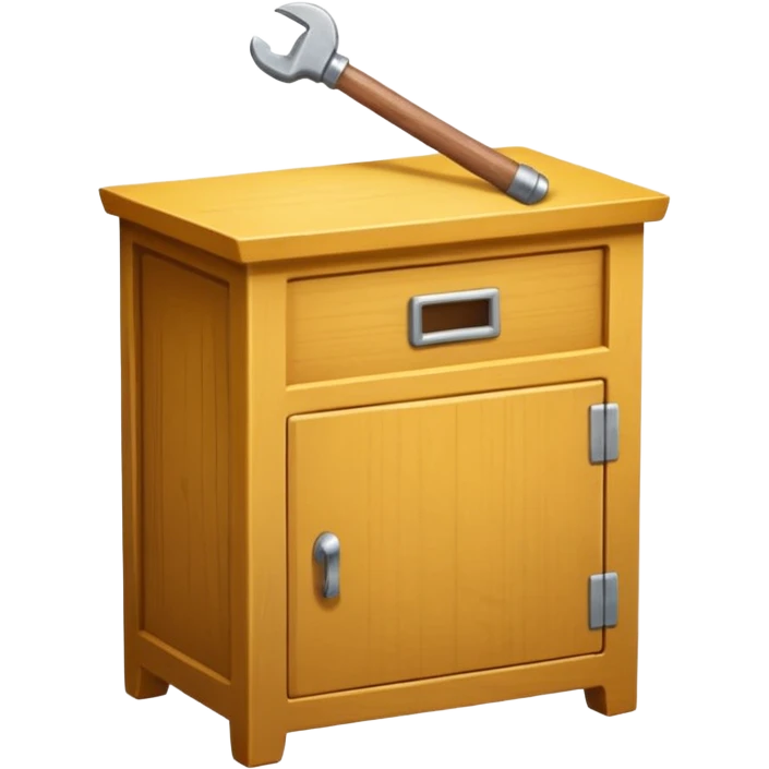Compact emoji-style icon showing a small wooden cabinet with one door slightly open, a hammer resting beside it, and a plank of wood leaning in the background. Light brown wood tones, silver hammer head, yellow handle. Soft shadows, clean glossy look.  emoji