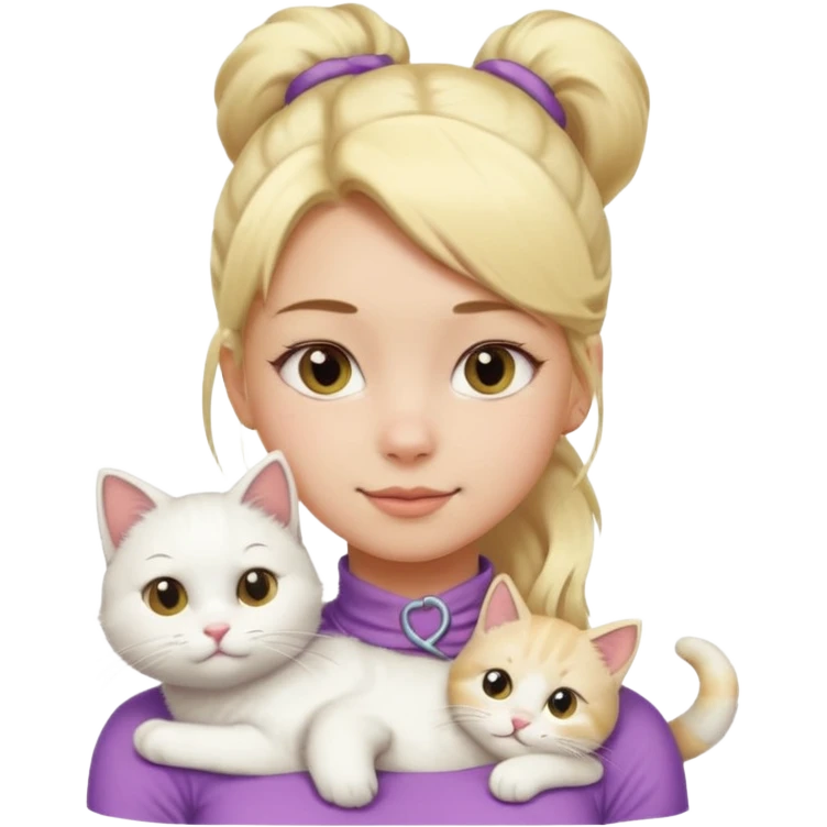 a girl with a ponytail, blonde hair, a white fluffy cat lying on her left shoulder and neck, emoji style emoji