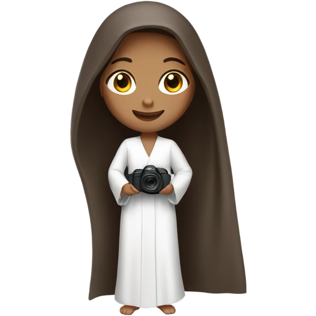 Girl long brown hair taking photo white abbaya emoji