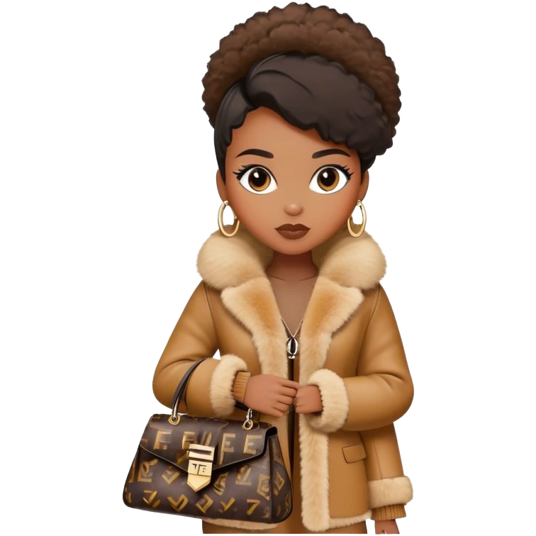 Beautiful black woman wearing a monogram Fendi jacket with a fur trim. She is carrying a Fendi Mini Peekaboo Bag. I want the image close up emoji