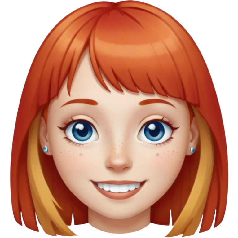 Girl with blonde bangs and red hair with very thin eyebrows with a septum piercing blue eyes, freckles, and a big smile emoji