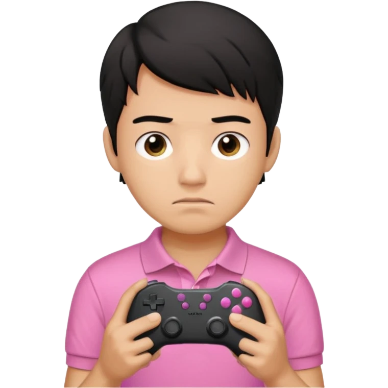 generate a pretty tan bratz boy with a pink polo. Holding a gaming controller in hand. Black hair.looking sad emoji