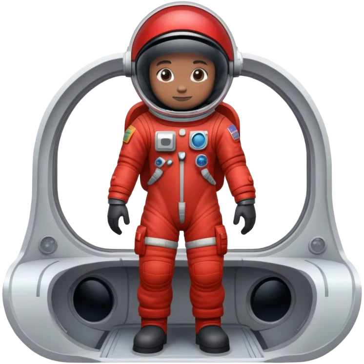 Un astronauta con una tuta spaziale rossa in piedi su una navetta, con un visore scuro emoji