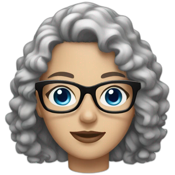 white woman with black curly hair, blue eyes and glasses emoji