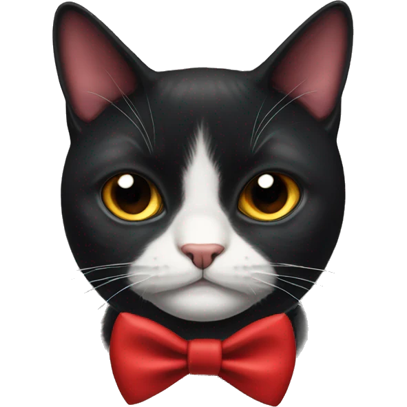Grumpy black cat with white triangle marking under chin, wearing a red bow tie  emoji