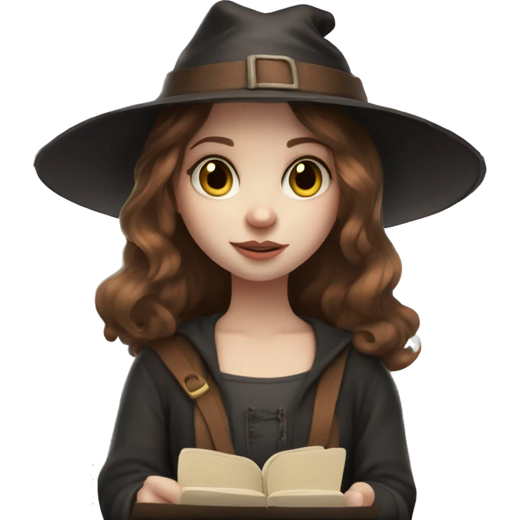 Young witchy girl pale skin and brown haired with a Pencil in a hand and a sketchbook in the other  emoji