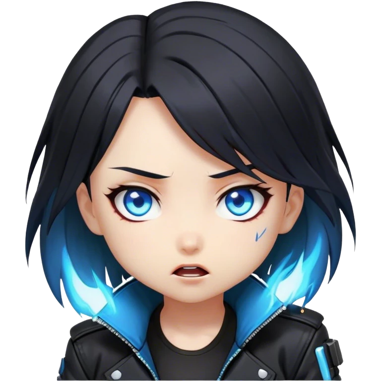 Black hair cyberpunk 2077 chibi girl with blazing blue eyes and black jacket. shocked anime style emoji