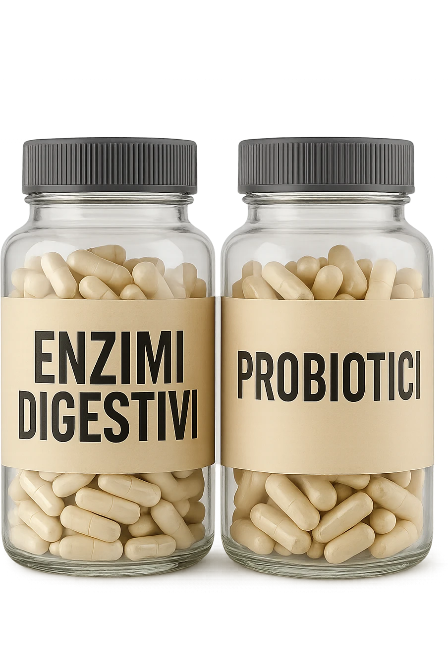 DUE BARATTOLI di integratore con la scritta "ENZIMI DIGESTIVI" E "PROBIOTICI", iperrealistico 4k emoji