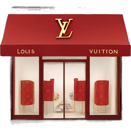 “Louis Vuitton store exterior with a red facade, iconic LV monogram, large glass windows, and elegant entrance doors.” emoji