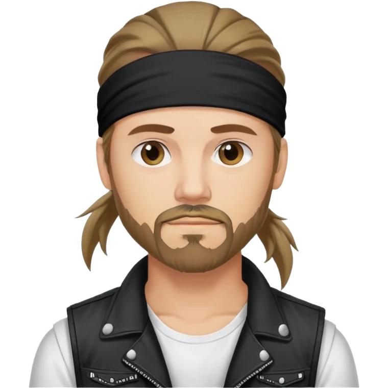 Guy wearing bandana as a headband with goatee and long hair atop his head in ponytail, wearing white tshirt with black biker ves emoji