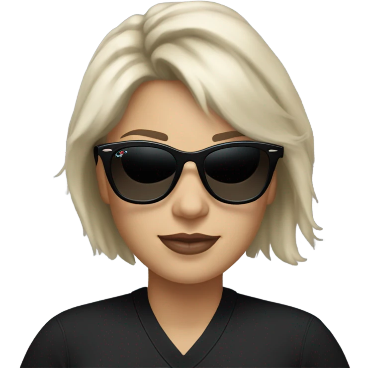 White woman with short messed silver blond hair with sunglasses big black rayban and black polo sweater  emoji