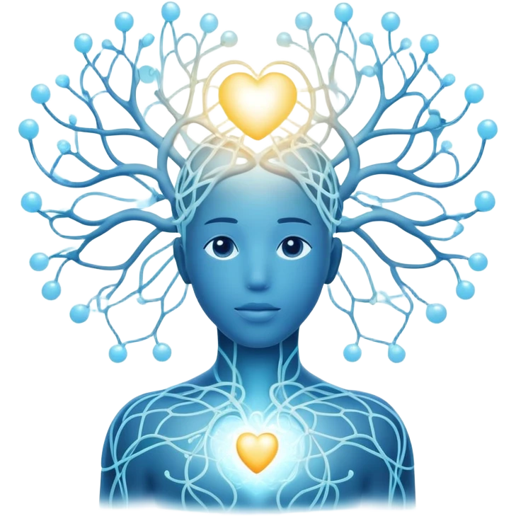 human silhouette with glowing nodes at head and heart, interconnected by flowing lines and floating orbs, soft white-blue light emoji
