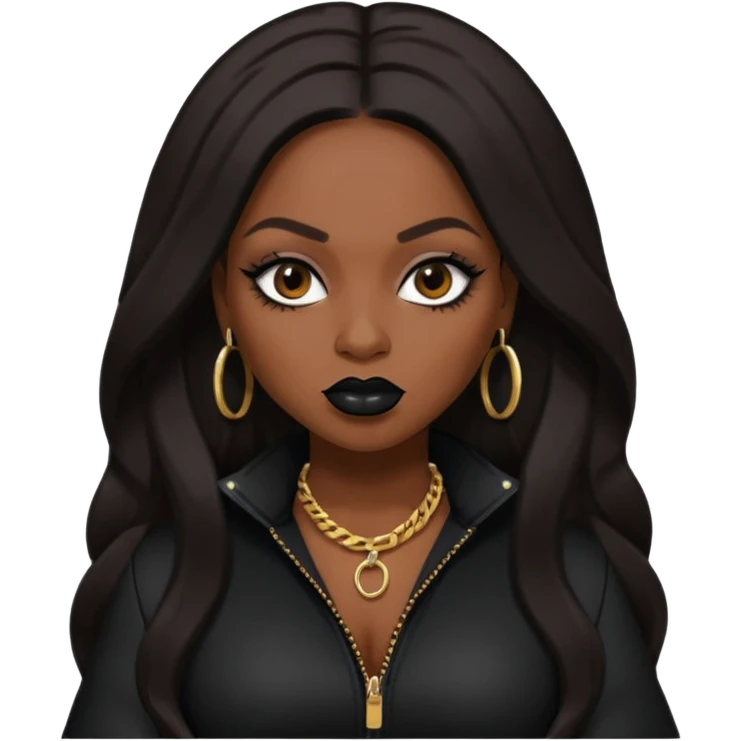 Foxy Brown, Rapper with dark brown long hair, black lip, black outfit emoji