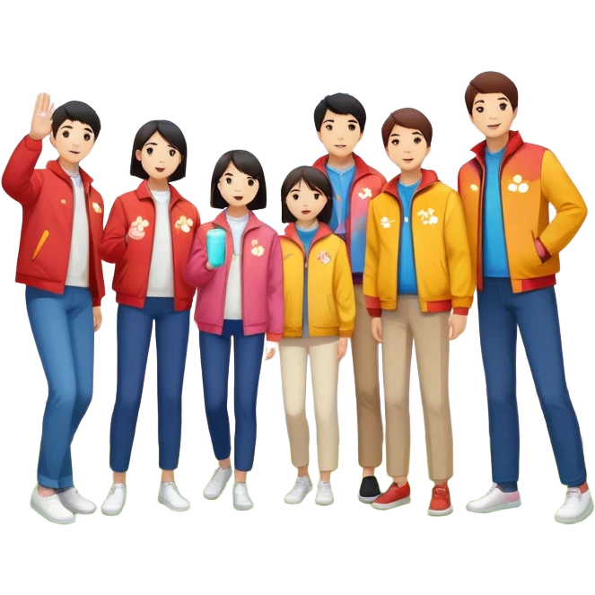 "East Asian colleagues in color-coded jackets picnic, play frisbee, and take group photos under cherry blossoms. Cloud-shaped Sunlord logo in background. Circular minimalist style." emoji