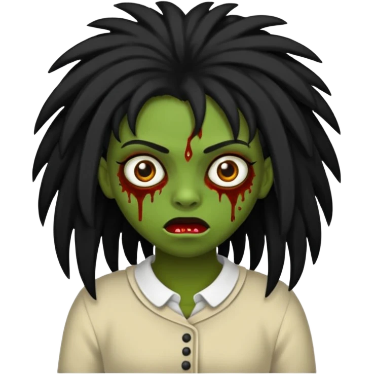 Uma zumbi com os cabelos pretos, longos, liso e com franja, olhos castanhos emoji