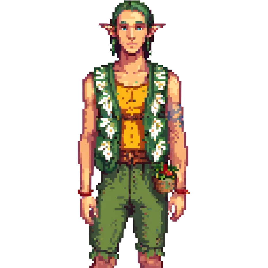elf male Sleeveless vest with palm-leaf print, basket of exotic fruits (mango/lychee), sunburned nose. emoji