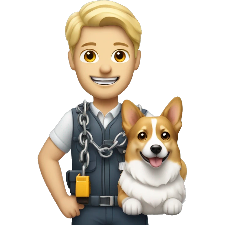 white hear blond engineer with a corgi dog which is holding chain emoji